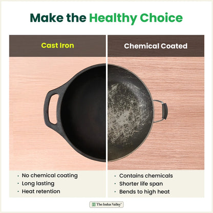CASTrong Cast Iron Kadai, Pre-seasoned, Nonstick, 100% Pure, Toxin-free, Medium 25.5cm, 2.7kg