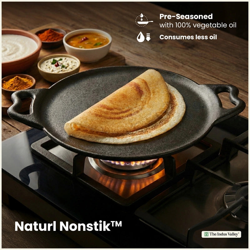 Cast iron Double handle Tawa 30.4cm, Pre-seasoned, Naturally Nonstick, 100% Pure, Toxin-free, Gas & Induction