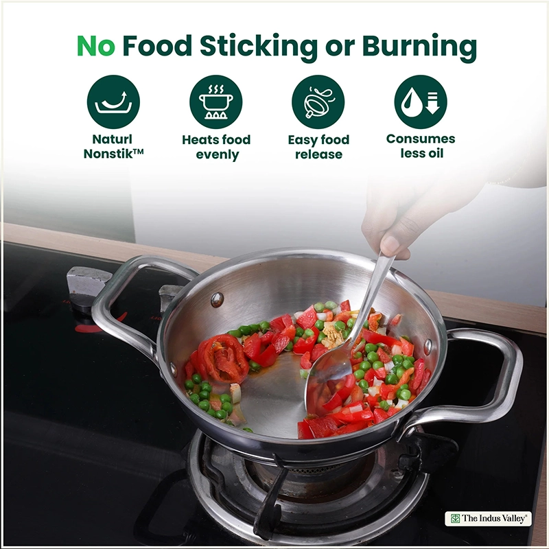 TurboCuk Tri-ply Stainless Steel Kadai+ Steel Lid 18cm Premium Quality, 3 Layer Thick Body, 100% Toxin-free, Non-stick, Induction & Gas