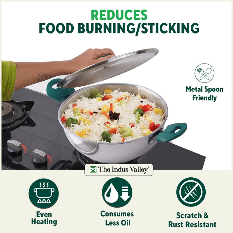 Tri-Steel Stainless Steel Cookware Set: Kadai with Lid(22cm)+ Tea/Milk Pan with Lid(16cm)+ Fry Pan(22cm), Premium Quality, Tri-ply (3 Layer Bottom), Soft-touch Handles, 100% Toxin-free, Non-stick, Induction & Gas