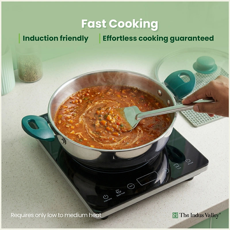 Premium Stainless Steel Impact Bonded Cookware Set: Kadai with common glass lid(22cm)+Frypan(22cm)with common glass lid, Tri-ply (3 Layer) Bottom, Induction & Gas