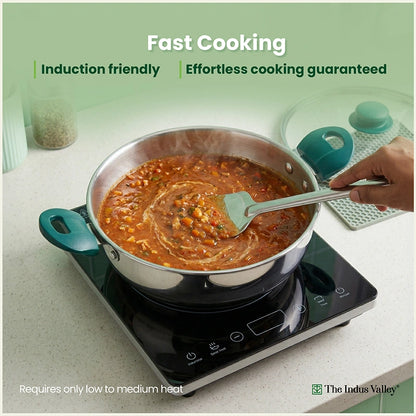 Premium Stainless Steel Impact Bonded Cookware Set: Kadai with common glass lid(22cm)+Frypan(22cm)with common glass lid, Tri-ply (3 Layer) Bottom, Induction & Gas