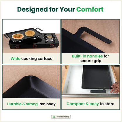 100% Pure Iron Rectangular Tawa with Double Handles, Pre-Seasoned, Toxin-free, Induction, 30cm