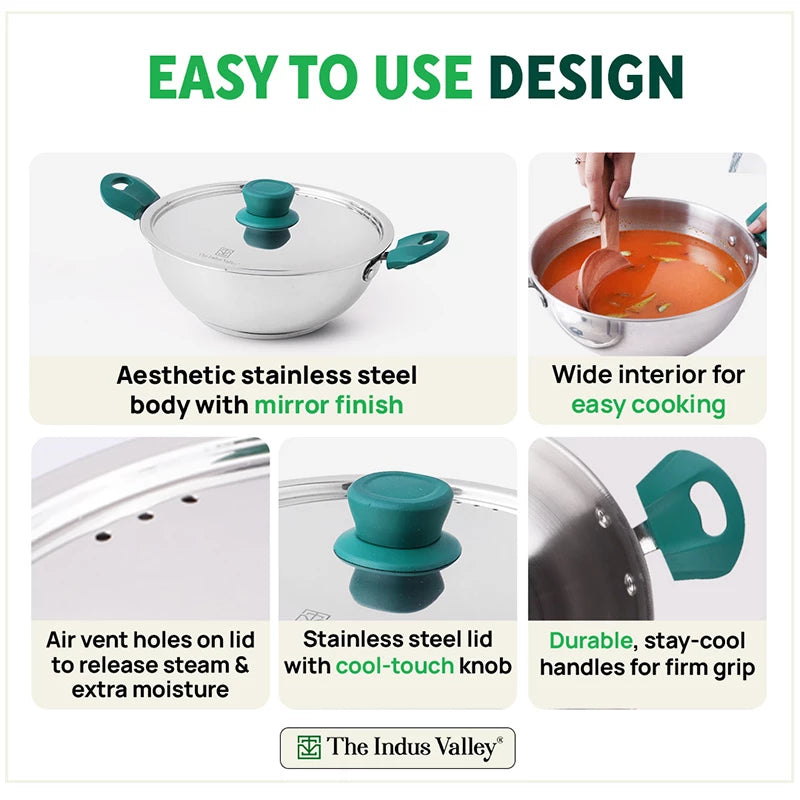 Tri-Steel Stainless Steel Kadai+ Lid 1.6/2.1/3.4/4.5 L, Premium Quality, Tri-ply (3 Layer) Bottom, Cool-touch Handles, 100% Toxin-free, Non-stick, Induction & Gas