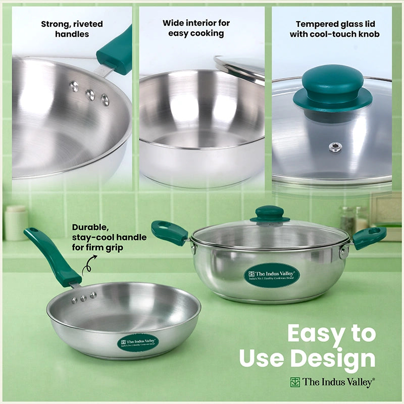 Premium Stainless Steel Impact Bonded Cookware Set: Kadai with common glass lid(22cm)+Frypan(22cm)with common glass lid, Tri-ply (3 Layer) Bottom, Induction & Gas