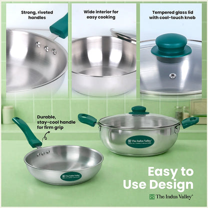 Premium Stainless Steel Impact Bonded Cookware Set: Kadai with common glass lid(22cm)+Frypan(22cm)with common glass lid, Tri-ply (3 Layer) Bottom, Induction & Gas