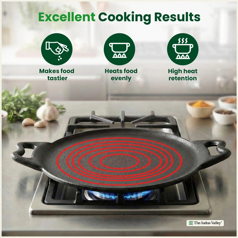 Cast iron Double handle Tawa 30.4cm, Pre-seasoned, Naturally Nonstick, 100% Pure, Toxin-free, Gas & Induction
