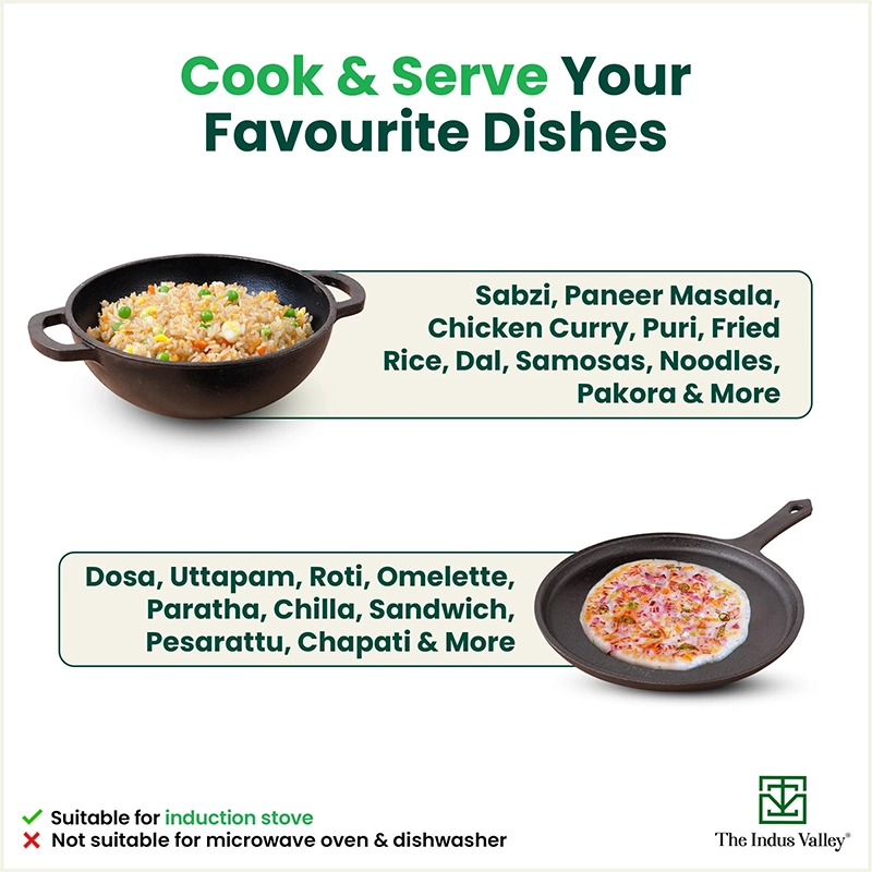 CASTrong Cast Iron Cookware Set: Tawa(25cm) + Kadai(25cm), Kitchen Set for Home, Pre-seasoned, 100% Pure, Toxin-free, Induction