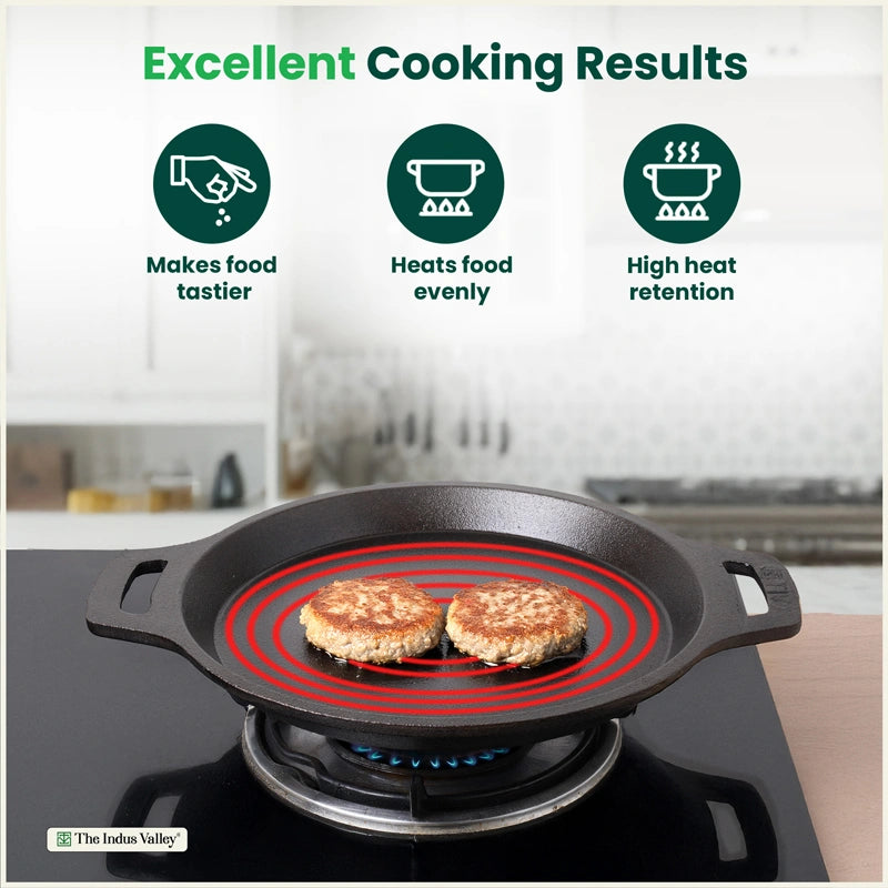 CASTrong Cast Iron Combo - Tawa [27.5 cm] + Fish Fry Pan [22.5 cm] + Free Wooden Flip, Pre-seasoned, 100% Pure, Toxin-free, Induction Compatible