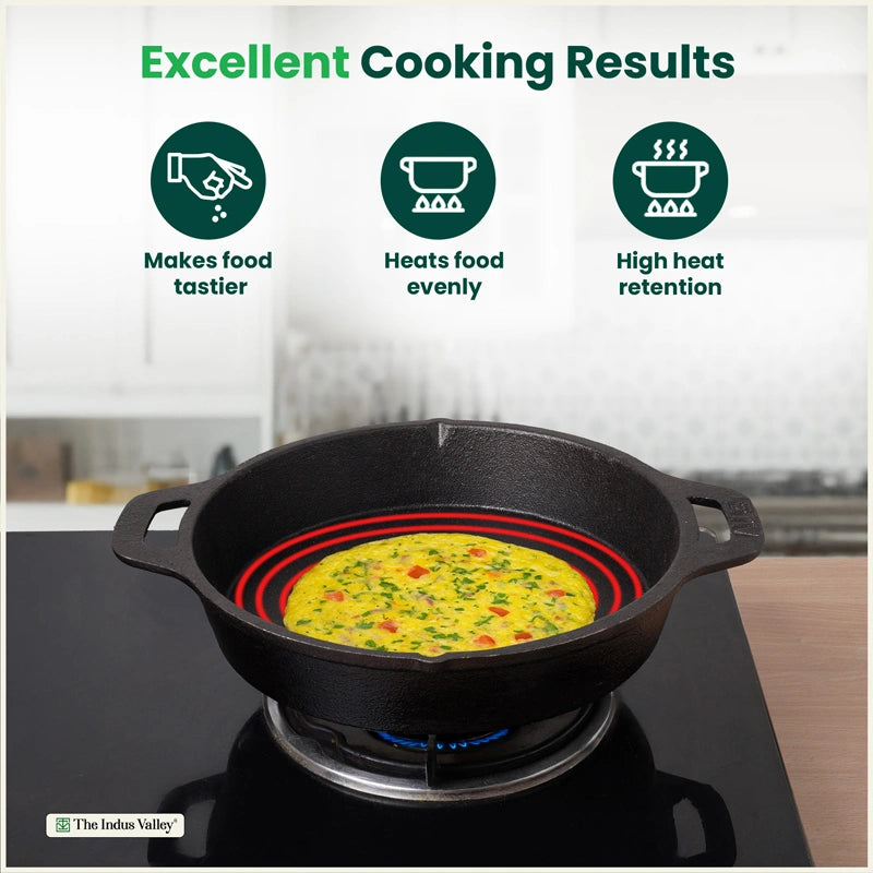 CASTrong Cast Iron Combo - Tawa [27.5 cm] + Skillet [25 cm] + Free Wooden Flip, Pre-seasoned, 100% Pure, Toxin-free, Induction Compatible