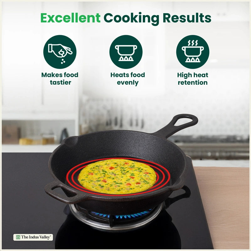 CASTrong Cast Iron Combo - Tawa [27.5 cm] + Skillet [24.6 cm] + Free Wooden Flip, Pre-seasoned, 100% Pure, Toxin-free, Induction Compatible