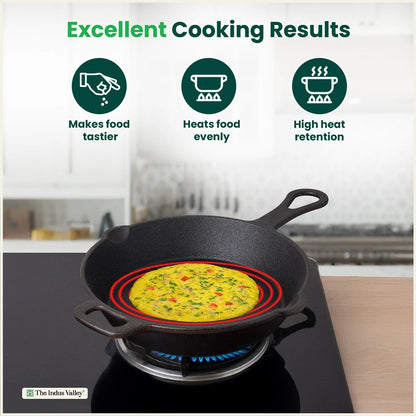 CASTrong Cast Iron Combo - Tawa [27.5 cm] + Skillet [24.6 cm] + Free Wooden Flip, Pre-seasoned, 100% Pure, Toxin-free, Induction Compatible