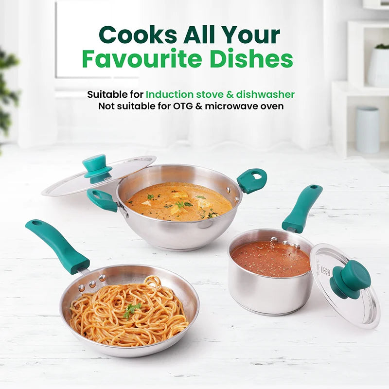 Tri-Steel Stainless Steel Cookware Set: Kadai with Lid(22cm)+ Tea/Milk Pan with Lid(16cm)+ Fry Pan(22cm), Premium Quality, Tri-ply (3 Layer Bottom), Soft-touch Handles, 100% Toxin-free, Non-stick, Induction & Gas
