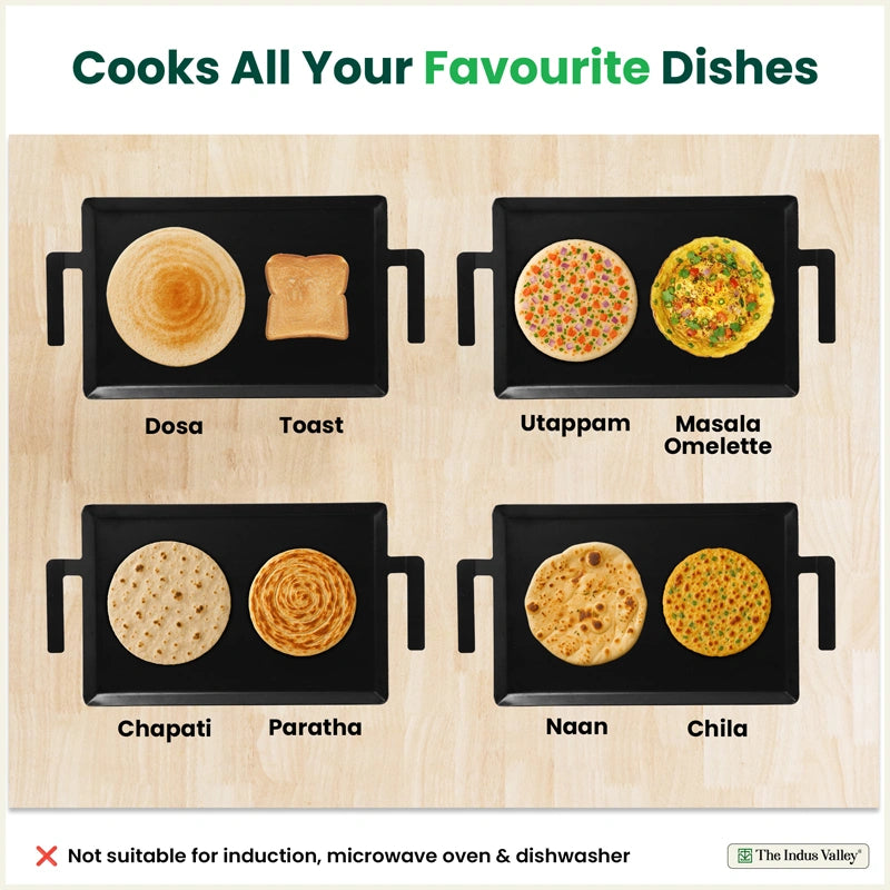 100% Pure Iron Rectangular Tawa with Double Handles, Pre-Seasoned, Toxin-free, Induction, 30cm