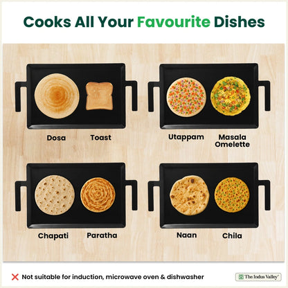 100% Pure Iron Rectangular Tawa with Double Handles, Pre-Seasoned, Toxin-free, Induction, 30cm