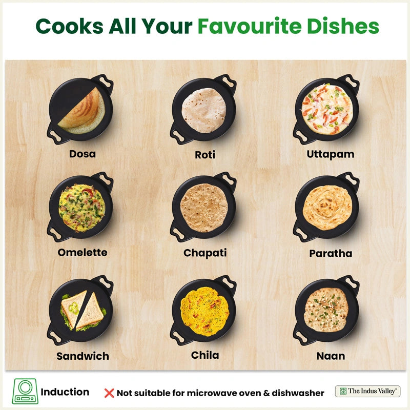 Cast iron Double handle Tawa 30.4cm, Pre-seasoned, Naturally Nonstick, 100% Pure, Toxin-free, Gas & Induction