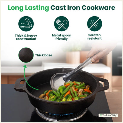 CASTrong Cast Iron Combo - Tawa [27.5 cm] + Skillet [25 cm] + Free Wooden Flip, Pre-seasoned, 100% Pure, Toxin-free, Induction Compatible