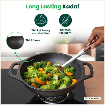 CASTrong Cast Iron Kadai, Pre-seasoned, Nonstick, 100% Pure, Toxin-free, Medium 25.5cm, 2.7kg