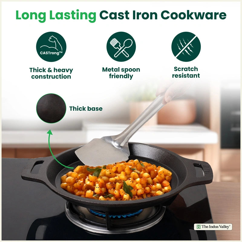 CASTrong Cast Iron Combo - Tawa [27.5 cm] + Fish Fry Pan [22.5 cm] + Free Wooden Flip, Pre-seasoned, 100% Pure, Toxin-free, Induction Compatible