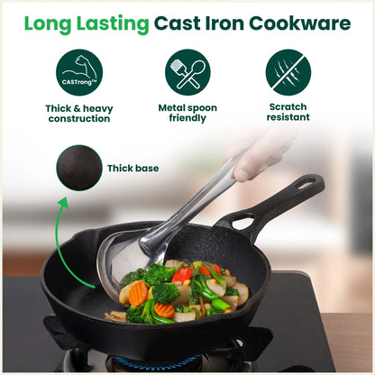 CASTrong Cast Iron Combo - Tawa [27.5 cm] + Skillet [20.7 cm] + Free Wooden Flip, Pre-seasoned, 100% Pure, Toxin-free, Induction Compatible