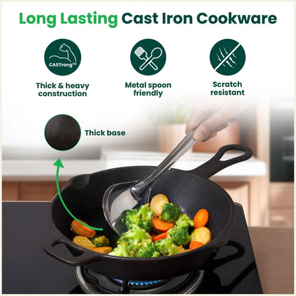 CASTrong Cast Iron Combo - Tawa [27.5 cm] + Skillet [24.6 cm] + Free Wooden Flip, Pre-seasoned, 100% Pure, Toxin-free, Induction Compatible