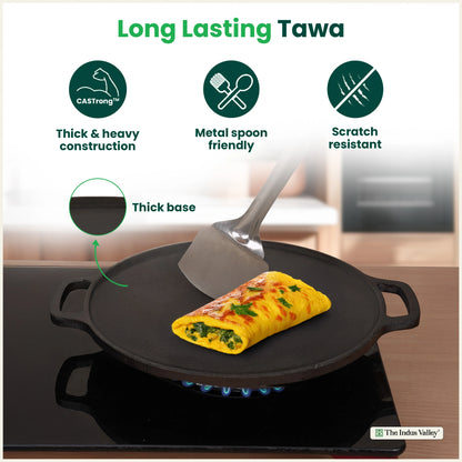 CASTrong Cast Iron Double Handle Tawa, Pre-seasoned, Nonstick, 100% Pure, Toxin-free, Large 30.1cm, 3kg
