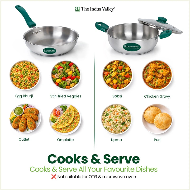 Premium Stainless Steel Impact Bonded Cookware Set: Kadai with common glass lid(22cm)+Frypan(22cm)with common glass lid, Tri-ply (3 Layer) Bottom, Induction & Gas