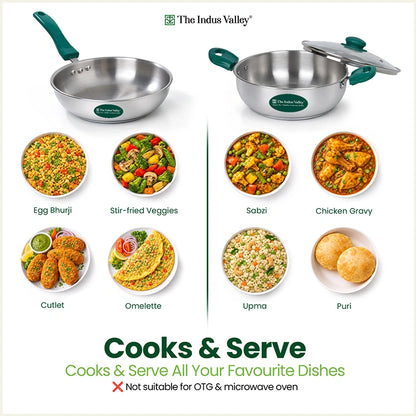 Premium Stainless Steel Impact Bonded Cookware Set: Kadai with common glass lid(22cm)+Frypan(22cm)with common glass lid, Tri-ply (3 Layer) Bottom, Induction & Gas