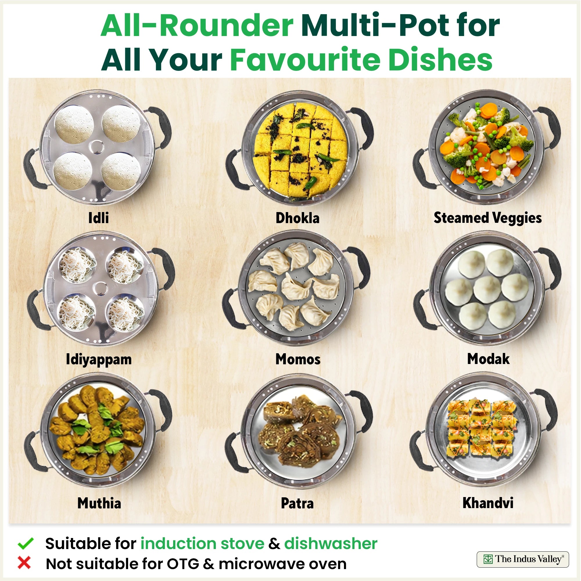 8 Pit Tri-Steel Multi Pot 3L Premium Stainless Steel Idli/ Dhokla/ Momo Maker/ Veg Steaming Set, Tri-ply Induction Bottom, 5 Plates