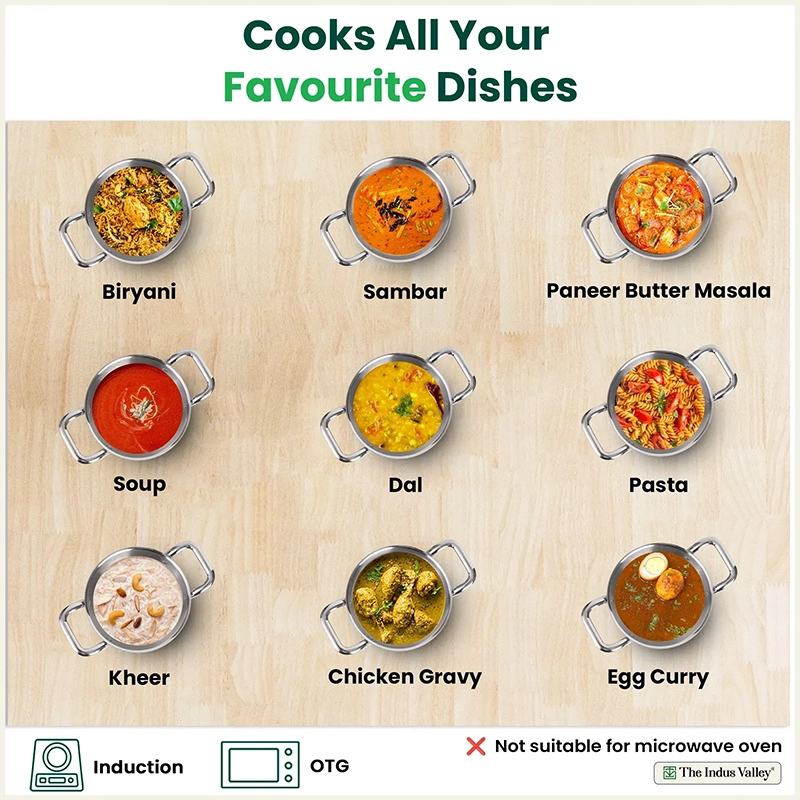 Tri-ply Stainless Steel Biryani Pot/ Casserole/ Sauce Pot with Steel Lid 2.3L Premium Quality, 3 Layer Thick Body and 5-ply Bottom, 100% Toxin-free, Non-stick, Induction & Gas 18cm