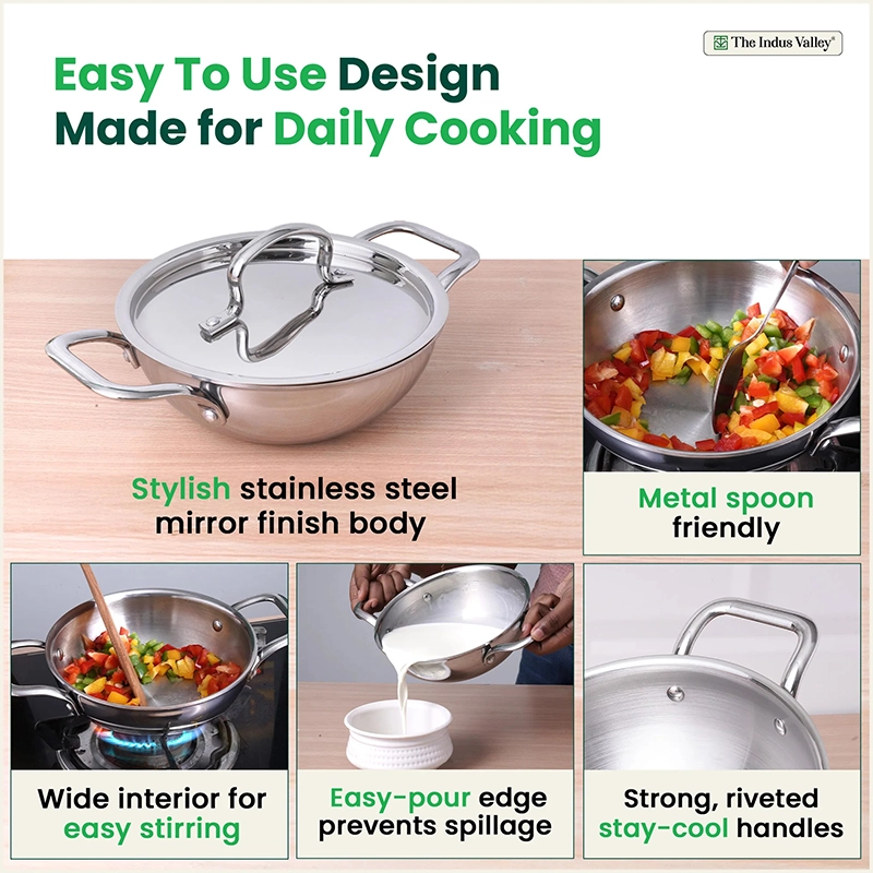 TurboCuk Tri-ply Stainless Steel Kadai+ Steel Lid 18cm Premium Quality, 3 Layer Thick Body, 100% Toxin-free, Non-stick, Induction & Gas