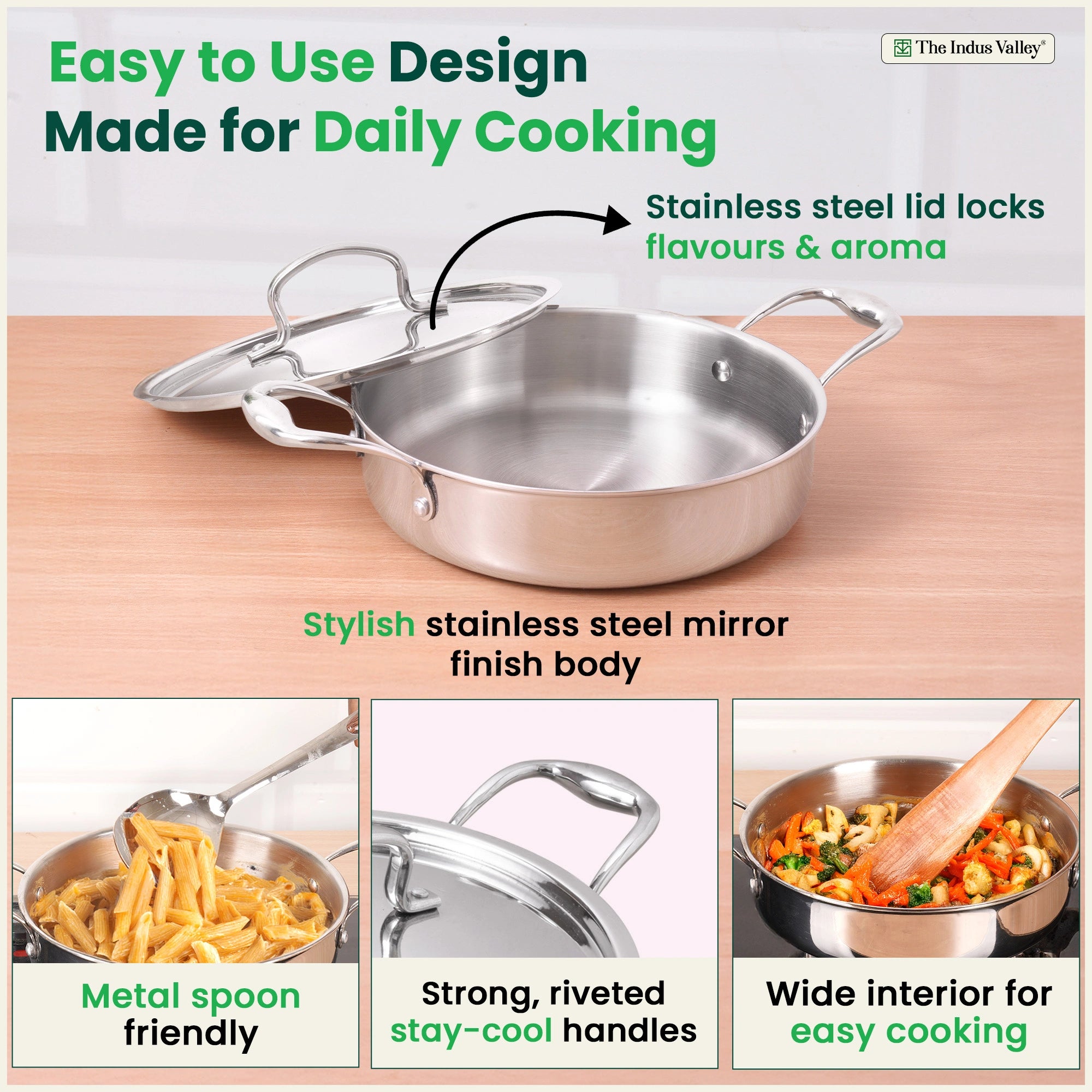 Tri-ply Stainless Steel Saute Pan 22cm 2L | No Sticking, No Burning | With Steel Lid | Fast Heating, Healthy Cooking | Induction Safe
