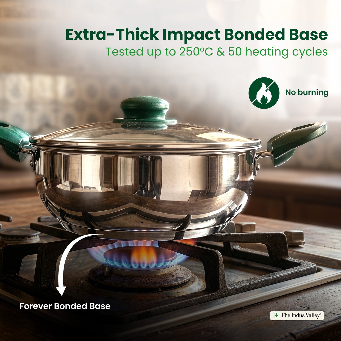 Premium Stainless Steel Impact Bonded Cookware Set: Kadai with Glass Lid(22cm)+Saucepan(16cm)+ Frypan(22cm)with Glass Lid, Premium Quality, Tri-ply (3 Layer) Bottom, Soft-touch Handles, 100% Toxin-free, Non-stick, Induction & Gas