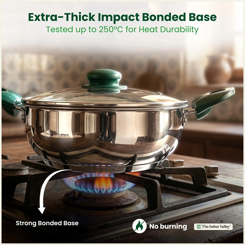 Premium Stainless Steel Impact Bonded Cookware Set: Kadai with Glass Lid(22cm)+Saucepan(16cm)+ Frypan(22cm)with Glass Lid, Tri-ply (3 Layer) Bottom, Induction & Gas