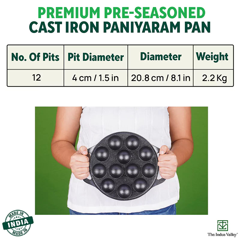 12 Pit/Cup CASTrong Cast Iron Kuzhi Paniyaram/Paddu Pan/Appe Maker 21 cm, Pre-seasoned, 100% Pure, Toxin-free, Gas & Induction, Free Spatula