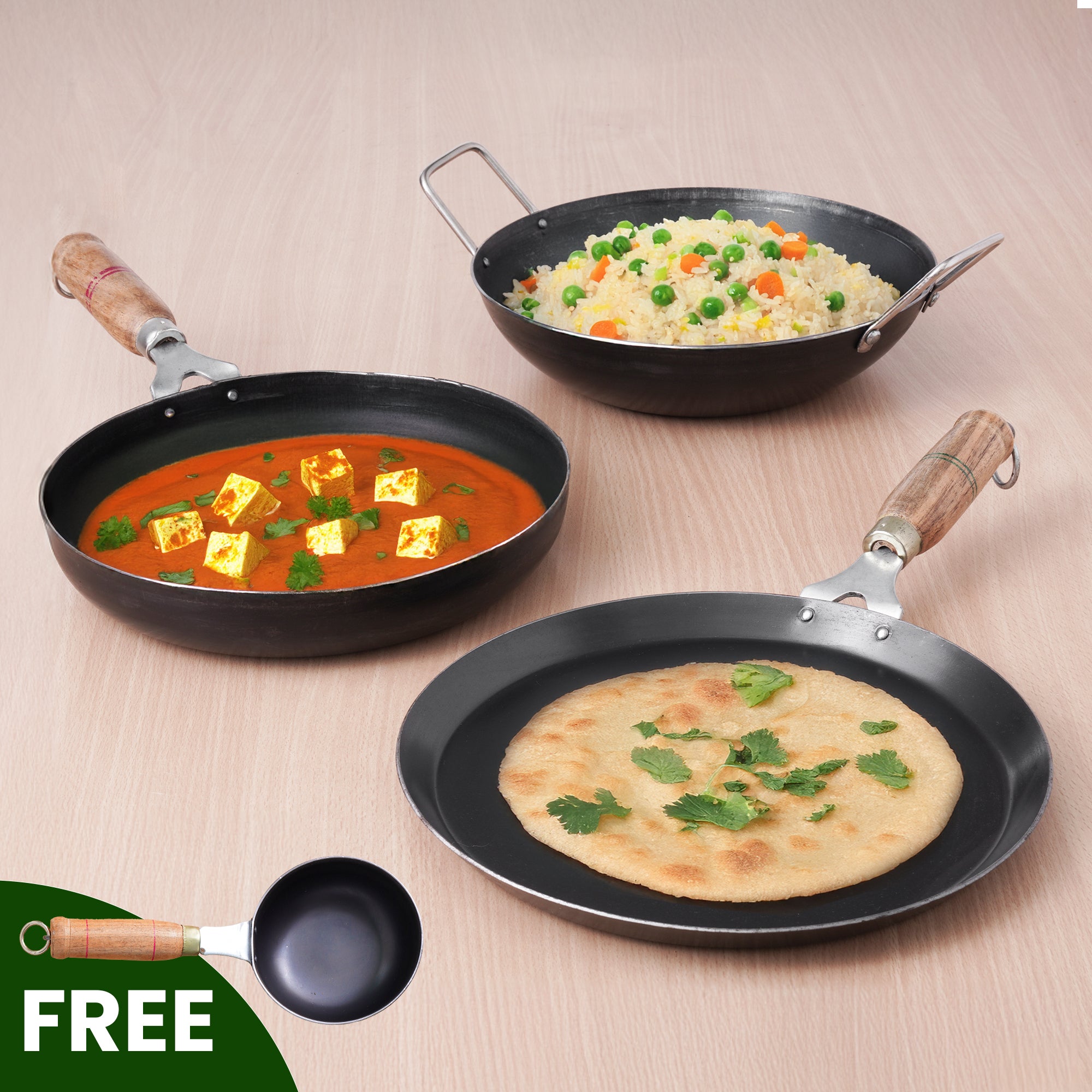 100% Pure Iron Cookware Set: (25.4cm)Kadai+ (26.3cm)Tawa+ (25.4cm)Fry Pan, Toxin-free Sheet Iron, Pre-seasoned, Induction & Gas, Kitchen Set for Home, Free ₹400 Tadka Pan