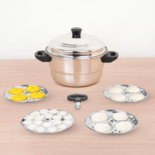 Premium Stainless Steel idlipot regular with mini idli plates-(3+1) Idli/ Momo Maker/  Veg Steaming Set, Tri-ply Induction Bottom, 4 Plates