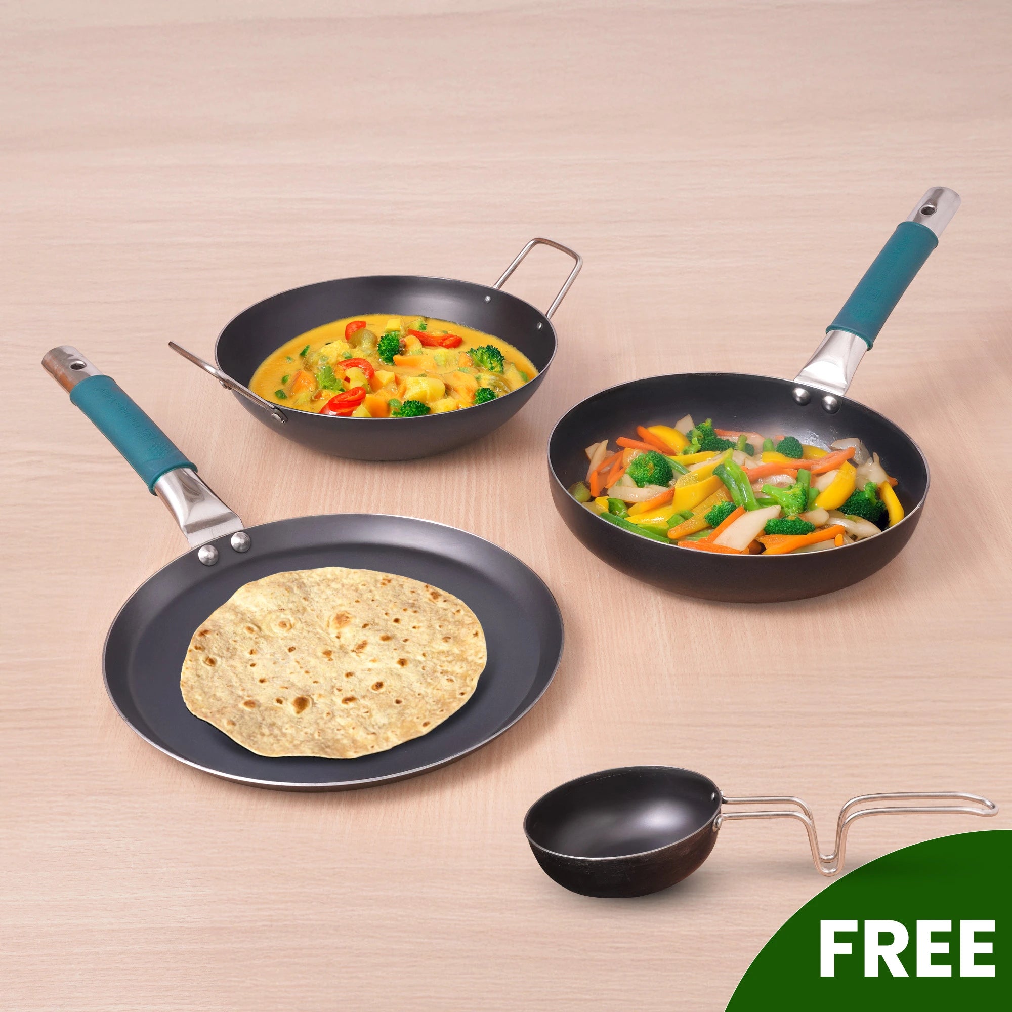 100% Pure Sheet Iron Cookware Set - Tawa(26cm), Fry Pan(25cm), Kadai(25cm) with Silicone Grip, Pre-Seasoned, Induction & Gas Compatible + Free ₹400 Tadka Pan