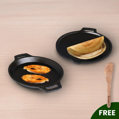 CASTrong Cast Iron Combo - Tawa [27.5 cm] + Fish Fry Pan [22.5 cm] + Free Wooden Flip, Pre-seasoned, 100% Pure, Toxin-free, Induction Compatible