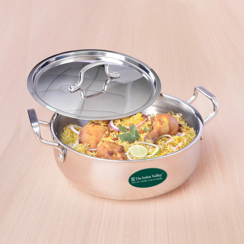 Tri-ply Stainless Steel Uruli with Steel Lid 24cm/28cm/32cm, 3 Layer Thick Body, 100% Toxin-free, Non-stick, Induction & Gas