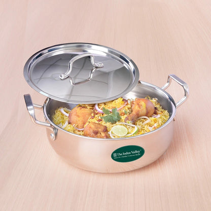 Tri-ply Stainless Steel Uruli with Steel Lid 24cm/28cm/32cm, 3 Layer Thick Body, 100% Toxin-free, Non-stick, Induction & Gas