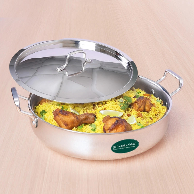 Tri-ply Stainless Steel Uruli with Steel Lid 24cm/28cm/32cm, 3 Layer Thick Body, 100% Toxin-free, Non-stick, Induction & Gas