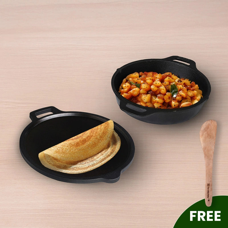 CASTrong Cast Iron Combo - Tawa [27.5 cm] + Skillet [25 cm] + Free Wooden Flip, Pre-seasoned, 100% Pure, Toxin-free, Induction Compatible