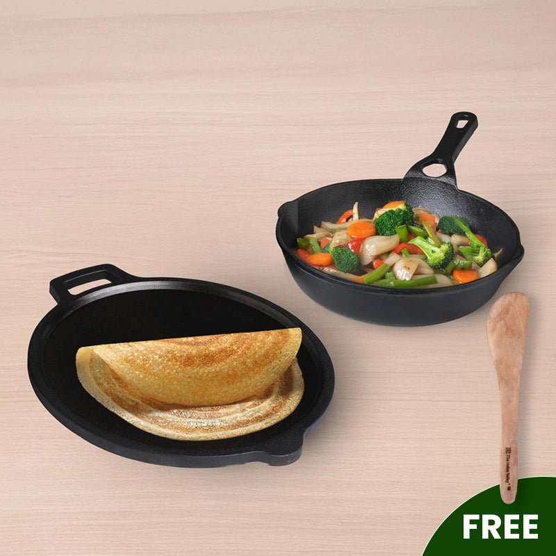 CASTrong Cast Iron Combo - Tawa [27.5 cm] + Skillet [20.7 cm] + Free Wooden Flip, Pre-seasoned, 100% Pure, Toxin-free, Induction Compatible