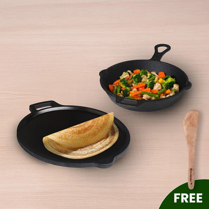 CASTrong Cast Iron Combo - Tawa [27.5 cm] + Skillet [24.6 cm] + Free Wooden Flip, Pre-seasoned, 100% Pure, Toxin-free, Induction Compatible