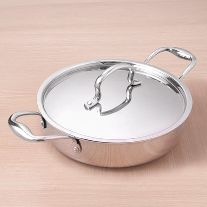 Tri-ply Stainless Steel Saute Pan (22cm, 2L) – No Sticking, No Burning | With Steel Lid | Fast Heating, Healthy Cooking | Induction Safe