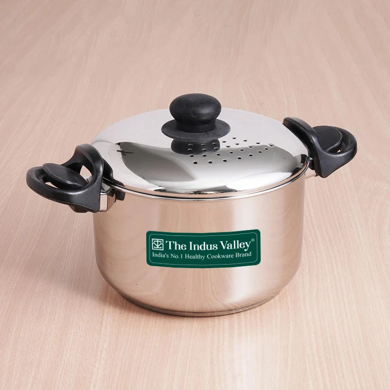 Premium Stainless Steel Rice Pot with Strainer Lid & Lock free Bakelite Handles 2.5/3.5L/5L, Tri-ply 3-Layer Heavy Bottom | Noodle/Pasta/Corn/Soya/Veggies Boiler Pot, Steamer Cooker, Induction & Gas