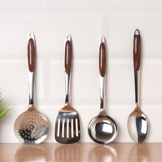 Premium Stainless Steel Ladle Set with Woody Handle – Set of 4 | Solid Spoon, Slotted Turner, Skimmer & Ladle | Heat-Resistant, 100% Food-Safe, Rust-Free, Easy to Clean