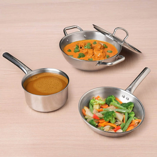 TurboCuk Tri-ply Stainless Steel Cookware Set: 24cm Kadai with Lid + 22cm Fry Pan + 16cm Sauce pan, Premium Quality, 3 Layer Thick Body, 100% Toxin-free, Non-stick, Induction & Gas