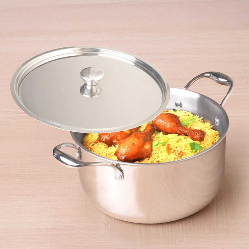 Tri-ply Stainless Steel Biryani Pot/ Casserole/ Sauce Pot with Steel Lid 3.2L/3.7L/5.5L/8.5L, Premium Quality, 3 Layer Thick Body, 100% Toxin-free, Non-stick, Induction & Gas